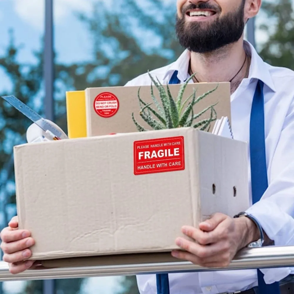 New 100 Pcs Handle With Care Fragile Circle Rectangle Packing Stickers